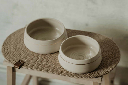 Ceramic dog bowls set with Jute pet rug. Modern pet bowls. Dog bowls jute placemat. Stoneware Food or water bowl.